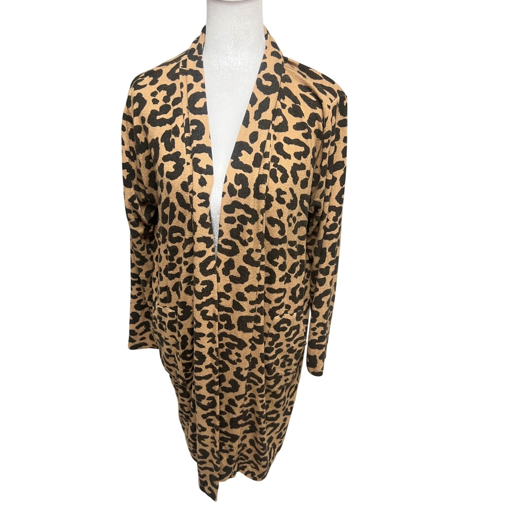 B/T Leopard Cardigan Longline Duster Tan Black Sz M Boho Animal Indie Eclectic